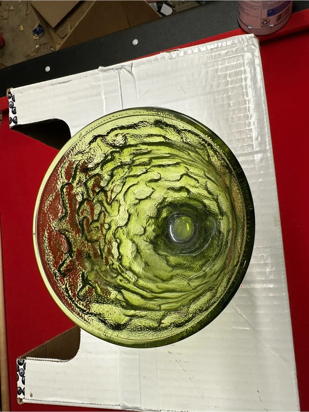 Vintage E.O. Brody Avocado Green Crinkle Glass Pedestal Compote Bowl 6